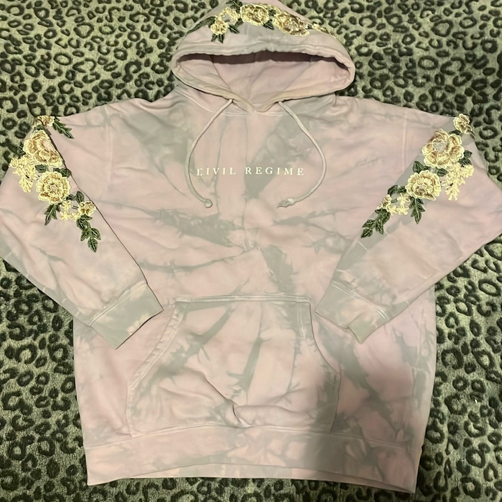 CIVIL REGIME LILAC MARBLED HOODIE W EMBROIDERY ON SLEEVES AND HOOD